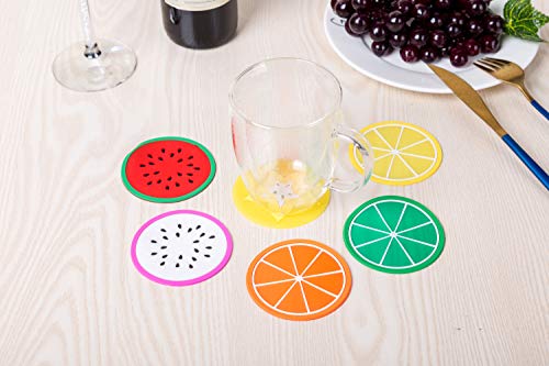 6 Pack Colorful Fruit Slices Silicone Beverage Coasters Drinks Coffee Tea Tabletop Protection Wood Granite Glass Marble Table Lemon Lime Orange Watermelon Dragonfruit Star Fruit 3.5 Inch