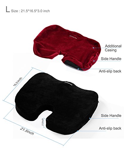 Koozam Orthopedic Anti-Slip Memory Foam Seat Cushion for Back Pain Coccyx Spinal Alignment Relief for Regular and Wheelchair use with Bonus Velour Cover (Large)