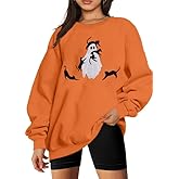 Halloween Spooky Season Sweatshirt Women: Oversized Black Cat Ghost Sweatshirts Fall Embroidered Pullover Top