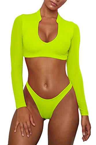 BOOSOULY Womens Long Sleeve High Waist Thong Bikini Set 2 Piece Swimsuit Fluorescent Green L