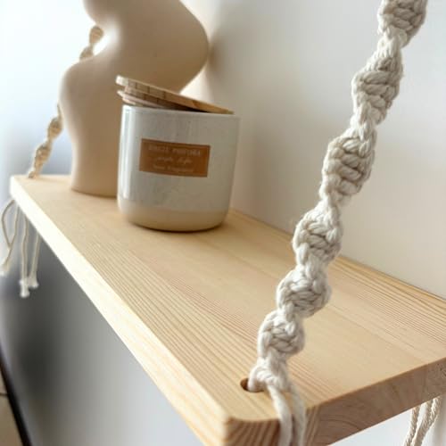 Mekase Set of 2 Wooden Hanging Wall Shelves with Macrame Rope - Cocooning Bohemian Wall Decor for Plants, Bedroom, Living Room, Bathroom, No Drilling, Scandinavian Boho Style