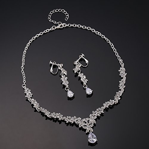 LILIE&WHITE Bridal Rhinestone Jewelry Set For Women with Necklace Earrings in Flower Cubic Zincon Clip