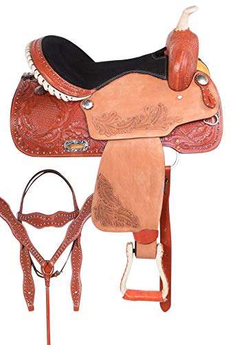 Acerugs Western Quarter Horse Saddle SEMI Bars Premium Tooled Leather Pleasure Trail Barrel Racing TACK Set (Chestnut, 17″)