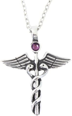 Pewter Caduceus Medical Snake Rod Pendant on Chain, Purple Austrian Crystal February Birthday