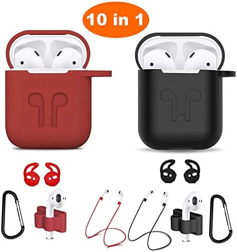 Airpods Case, Airpods Accessories Kits, 10 in 1 Protective Silicone Cover Skin Apple Airpods Anti-Lost Airpods Strap, Airpods Watch Band Holder, Airpods Ear Hook (Black and red)