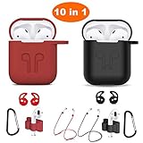 Airpods Case, Airpods Accessories Kits, 10 in 1 Protective Silicone Cover Skin Apple Airpods Anti-Lost Airpods Strap, Airpods Watch Band Holder, Airpods Ear Hook (Black and red)