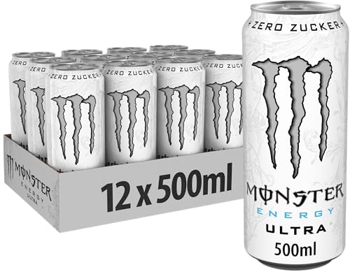 Monster Energy Ultra White - Bebida energetica con cafeína con suave sabor cítrico, sin azúcar y sin calorías, en practicas latas desechables (12 x 500 ml)