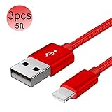BECASO Charger Cable,3PACK (5FT) Nylon Braided Charging Cable Cord USB Cable Charger Compatible with iPhone 7/ 7 Plus/6/6s/6 plus/6s plus/ 5s/5c,Pad, Pod and More-Red
