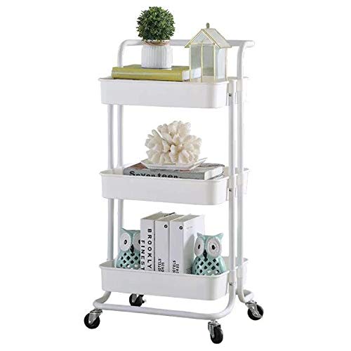 JAKAGO 3-Tier Rolling Utility Cart Storage Shelves Multifunction Trolley Cart with Mesh Basket, Handles and Wheels Adjustable Service Cart for Office, Kitchen, Bedroom, Bathroom, Laundry Room (White)