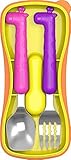Edison Kids Flat Edge Spoon & Grooved Fork Set with Case(Kids, Giraffe Pink/Purple Set)
