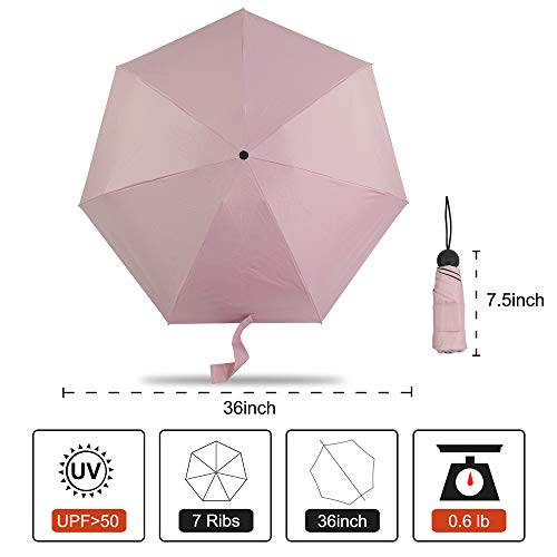 Lejorain Small Pocket Compact Travel Parasol Umbrella for Women - Small&Portable Collapsible Umbrella with 95% UV Protection(pink)