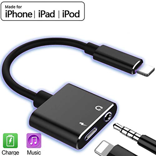 for iPhone Headphone Adapter 3.5mm Jack dongle for iPhone XS/Xmax/XR/X/8/8plus/7/7plus/2 in 1 car Adapter Charger line Converter Connector for iOS System AUX and Audio Accessories Fast Charge-Black