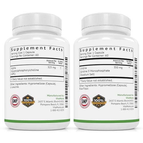 VitaMonk Alpha GPC and Uridine Stack - Mr Happy Stack - Uridine Monophosphate with No Artificial Fillers - Bioavailable Choline Supplements Promote Cognition, Focus, Mental Clarity