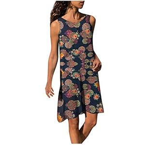 BIBOKAOKE Zomerjurk voor dames, ronde hals, retro, bloemen, mini-jurk, katoen, linnen, strandjurk, grote maten, korte…