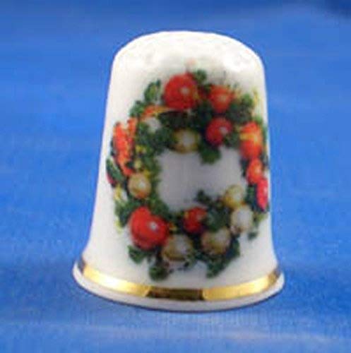 Porcelain China Collectable Thimble -- Christmas Wreath with Free Gift Box
