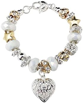 iHome Fusion Heart Shape Bracelet Murrano Glass European Bead Charm 925 Sterling Silver (White)