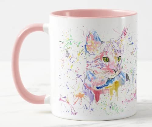 Vixar Cat Kitten Feline Pet Watercolour Rainbow Art Coloured Mug Cup Gift Birthday Work Office Christmas Tea Coffee (Pink)