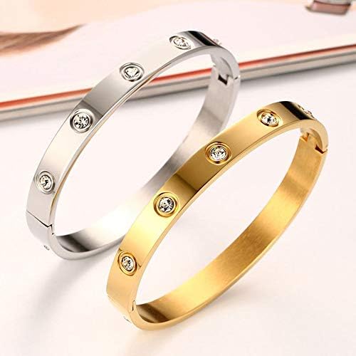 Dmanyc Plated Bangle Bracelet Set in Stone Stainless Steel All CZ Crystal Bangle Bracelets for Women Jewelry Size 6.7",A