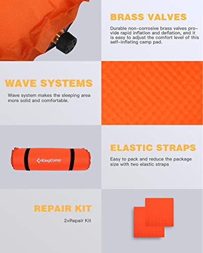 KingCamp Camping Sleeping Foam Mattress - Deluxe Single Self Inflating 3 inches Thick Pad with Carry Bag, Suitable for Family Outdoor Activities(Orange-Deluxe Single)