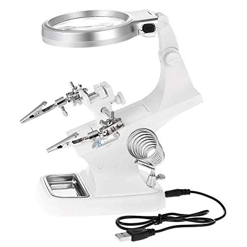 vmree Multifunctional Desktop LED Helping Hand Magnifying Soldering Iron Stand Lens Bench Magnifier Clamp Tool Kit Repair Station Welding and Assembling Precision Instrument (White)