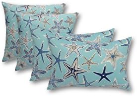 Set of 4 Indoor / Outdoor Pillows - 20" Square Throw Pillows &amp; 2 Rectangle / Lumbar Throw Pillows - Ocean Blue Starfish