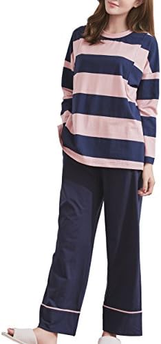 More4moms Womens Striped Nursing Pajamas/PJS Loose Cotton Maternity Nursing Sleepwear Sets With Pockets (Blue, Large)