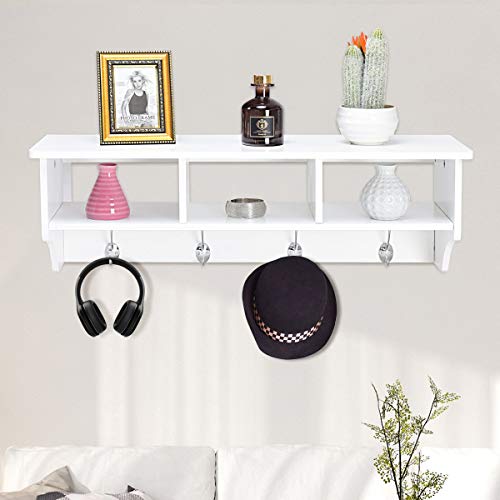 Giantex Hanging Shelf with Hooks Wall Mount Cubby Organizer with 4 Dual