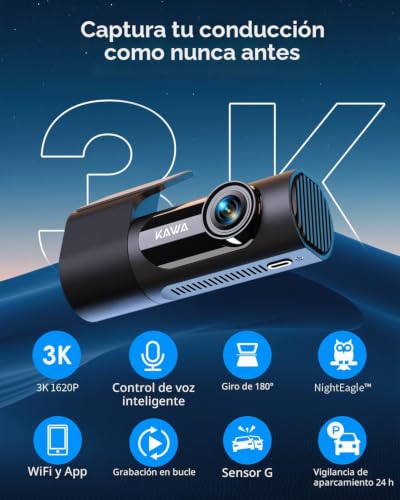 KAWA Dash Cam Car 3K Front, with 32GB SD Card, Voice Control, WiFi and App, 24/7 Parking, G-Sensor, Night Vision, Loop Recording, Dashcam Camera 360 for Truck and SUV