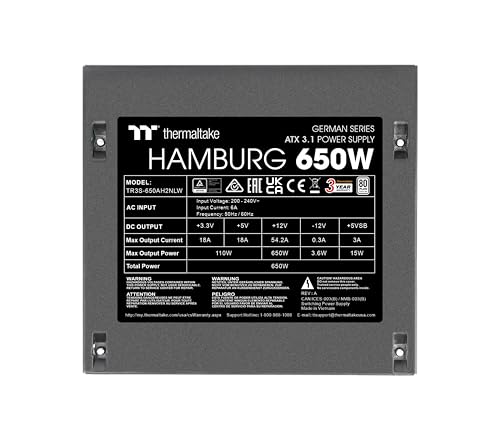 Thermaltake Hamburg 650W Power Supply | German Series | ATX 3.1 | 80 Plus White | Non-Modular | 2 x PCIe 6+2 Pin | Quiet 120 mm Fan | DC-to-DC