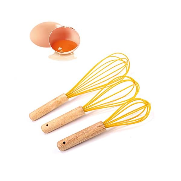 3Pcs Whisk Silicone Wisk Kitchen Tool Silicone Whisks for Cooking, Wooden Handle Kitchen Whisks Egg Beater Milk Frother…