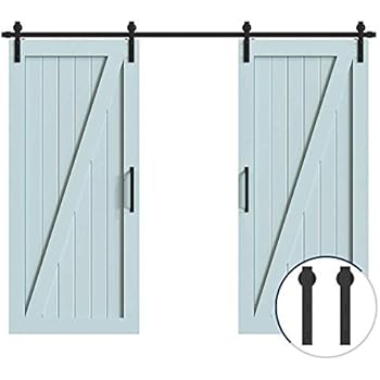 Hahaemall Antique Rustic 6FT/72'' J-Shape Sliding Barn Door Hardware Double Wooden Door Cloest Steel Track Closet Heavy Hanging Kit