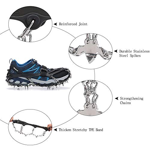 Crampons Traction Cleats Ice Cleats Snow Grips Grippers Anti Slip Stainless Steel Microspikes with 19 Spikes 1 Free Pouch for Men Women Boots Shoes Hiking Backpacking Mountaineering