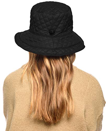 ANGELA & WILLIAM Foldable Water Repellent Quilted Rain Hat w/Adjustable Drawstring, Bucket Cap (Black)
