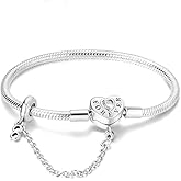 Suzeri Forever Love Heart Clasp Snake Chain Charm Bracelets with Safety Chain 925 sterling silver Jewelry Bracelet Fits Any Charm for Women 18 Cm