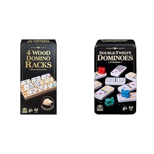 Spin Master Games Double 12 Dominoes Set with 91 Pieces & 4 Wooden Domino Racks Bundle - Mexican Train Dominoes Accessory Set for Ages 8+