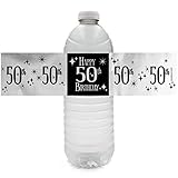 Black and Silver 50th Birthday Party Water Bottle Labels - Shiny Foil - 24 Count
