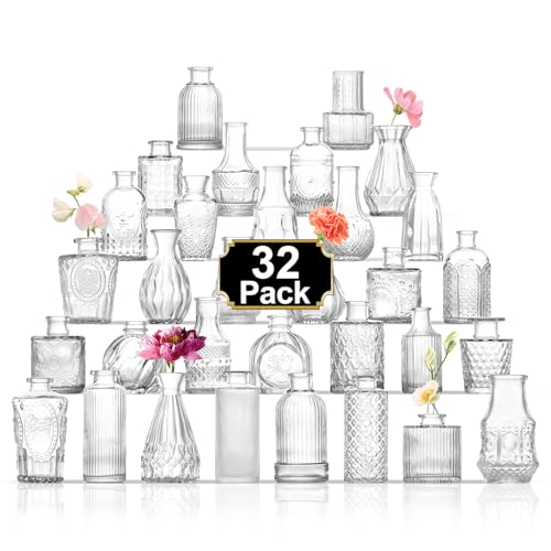 ROLLSCERAY Set of 32 Transparent Glass Bud Vases for Table Centerpieces, Small Flower Vases, Mini Vintage Flower Vase for Table Centerpieces, Wedding Table Decoration