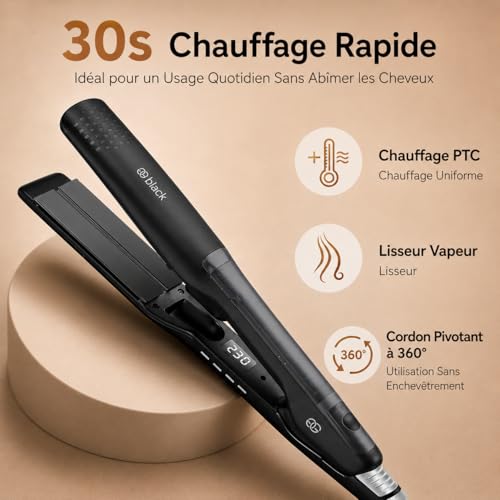 Golden Goods Pro Black Hair Straightener, Powerful Steam Straightener, Curling Iron 10 Temperature Settings up to 230ºC, All Hair Types Ceramic and Ionic, Hair Straightener
