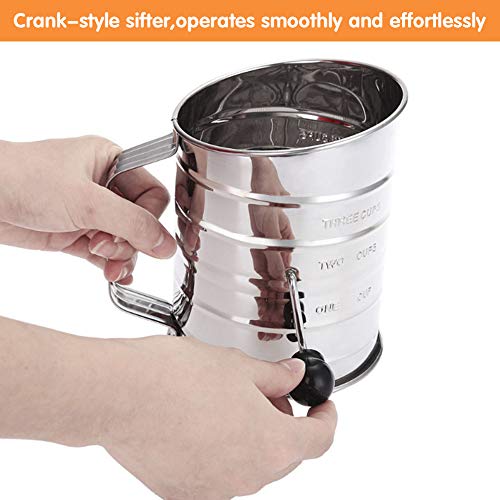 Flour Sifter 3 Cup Stainless Steel Rotary Hand Crank Sifter with 16