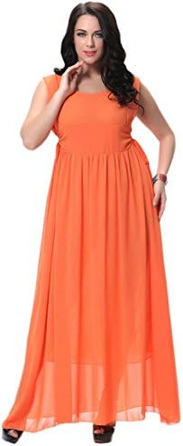 Women's Round Neck Pleated Long Gown Prom Night Dress Orange (18, Orange)