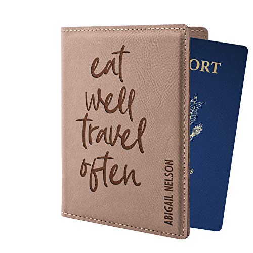 Personalized Passport Holder w Name and Quote - Custom Engraved Leather Passport Cover for Women and Men - Christmas Gifts for Travelers, Christmas, Honeymoon, Travel Gifts | Eat Well Travel Often - Thumbnail 5