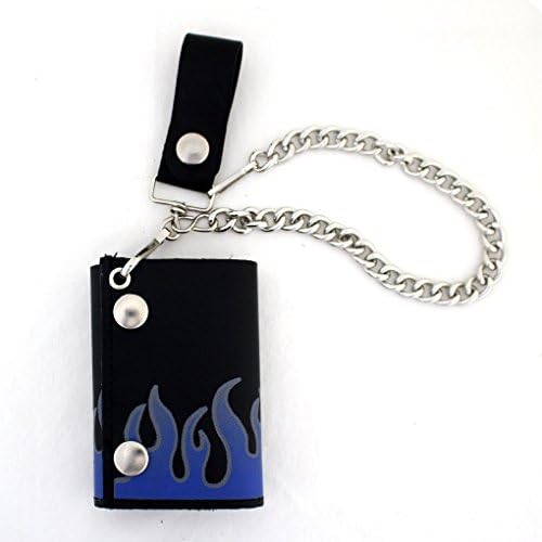 Men's Black Leather Wallet with Vertical Blue Flames and Chain
