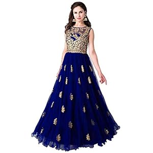 Varudi Fashion Multi Color Heavy Soft Net Fabric Embroidery Work Round Neck Sleevesless Long Semi Sticthed Gown For…