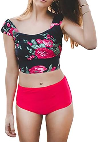 PITOP Women's Vintage Floral Print Top High-waisted Bottom Bikini Set Rose Red M