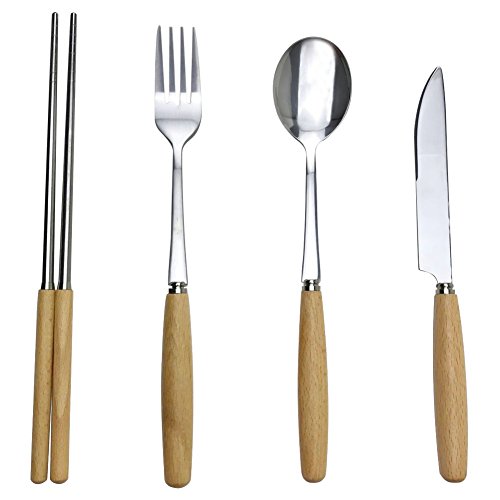 Synen Wooden Handle 4 Piece Stainless Steel Silver Cutlery Set Chopsticks Forks Spoons Knives Flatware Set