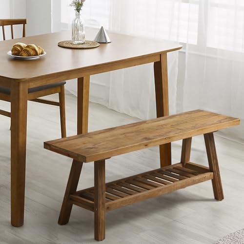 HOKYHOKY Reclaimed Solid Wood Bench-43.3" Farmhouse Entryway Bench with Storage Shelf, Narrow Rustic Bench for Hallway, Kitchen, Bedroom, Dining
