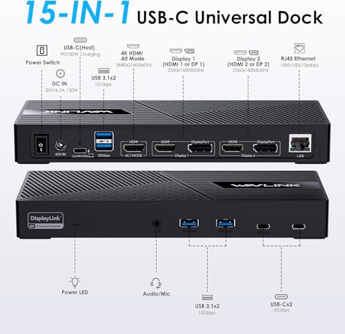 WAVLINK Dock 15-en-1 USB-C, charge 100W, 1x HDMI 4K, 2x HDMI/DP, 2x USB-C, 4x USB-A, GbE, audio, compatible New MacBook Neo/Dell/Asus