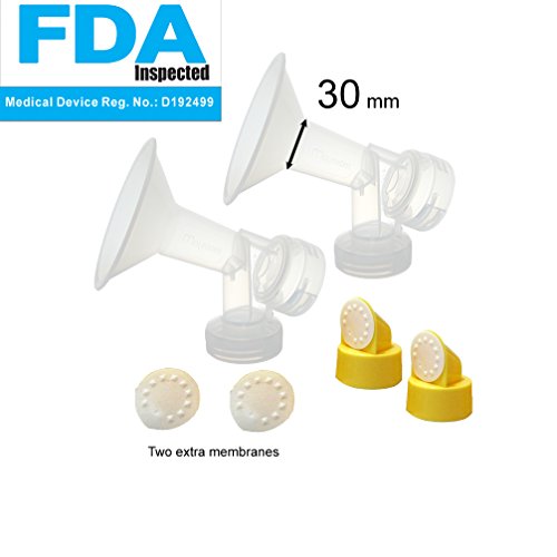 30 mm 2xOne-Piece Extra Large Breastshields w/ Valves and Membranes for Medela Breast Pumps; Replacement to Medela PersonalFit 30 Breastshield and Personal Fit Connector; Made by Maymom