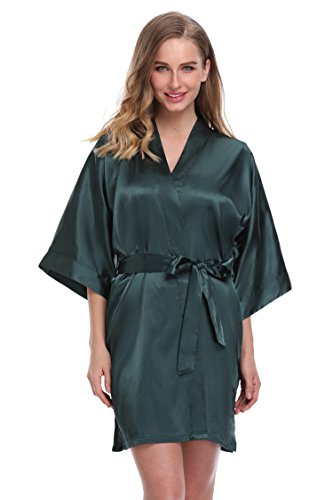 expressbuynow Women's Satin Kimono Robe Short Bridal Robe, Solid Color, Army Green, XXL