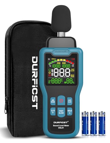 Fonometro, DURFICST Misuratore di Decibel con Misurazione di Temperatura e Umidità, 30-130 dB, Display LCD a Colori, Ponderazione A/C, Unità dB/SONE, Risposta VELOCE/LENTA, per Casa, Fabbrica, Ufficio